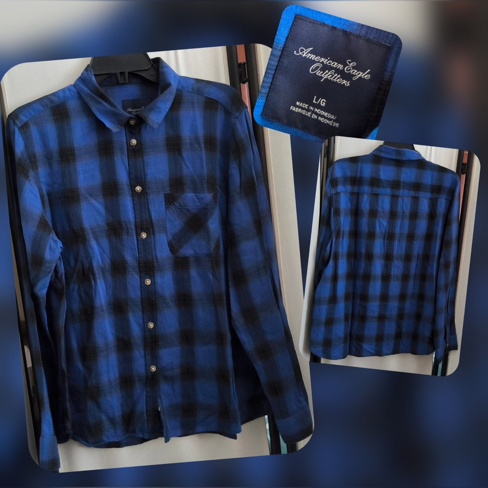 American Eagle Outfitters Blue and Black Plaid Women's Shirt Size Lg